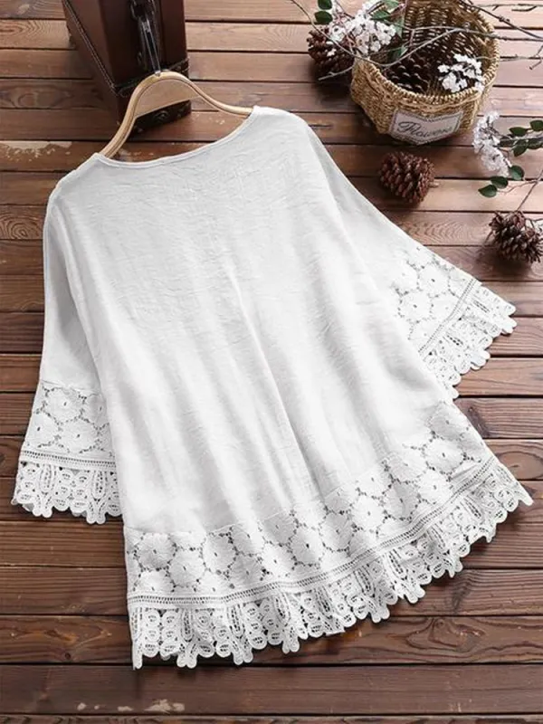 Women's Casual Retro Ethnic Style Embroidered Hollow Cotton Top