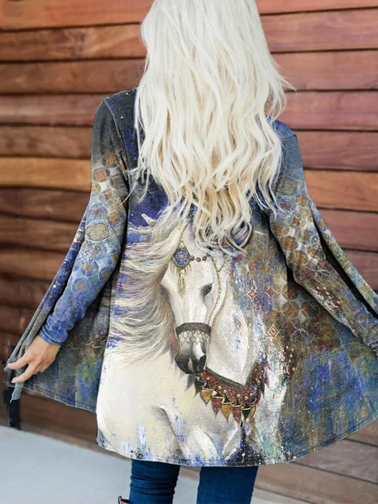 Western Horse Print Long Sleeve Casual Cardigan