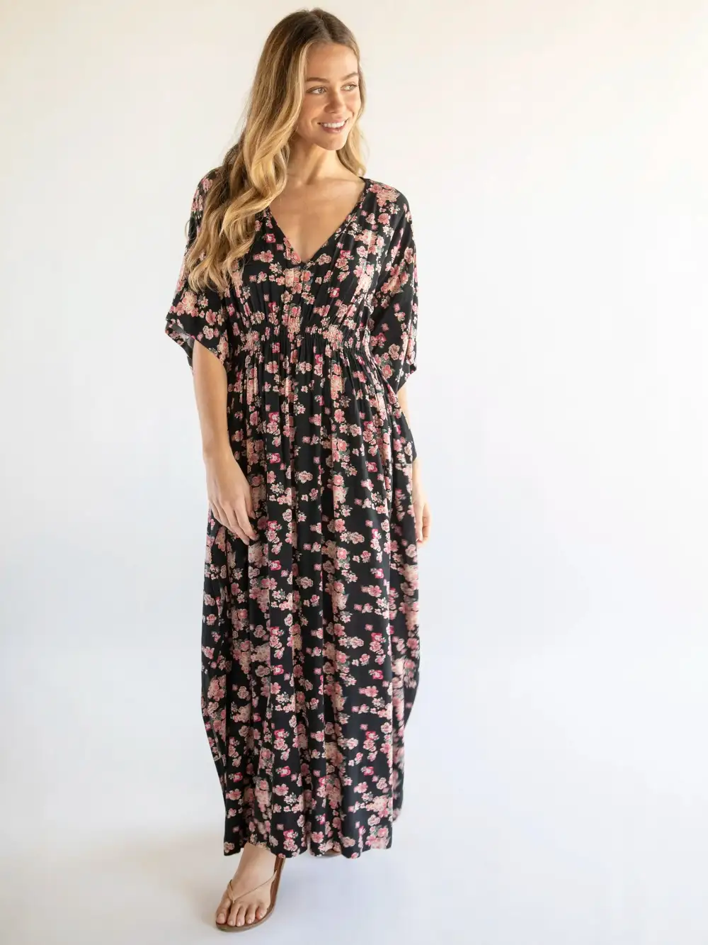 Sanibel Kaftan Maxi Dress - Black Light Pink Floral