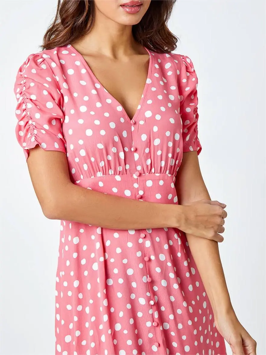 V-neck polka dot button dress