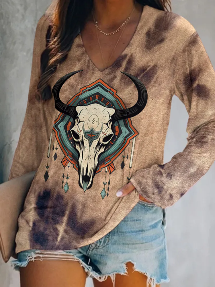 Aboriginal Sheep Head Tie-Dye V-Neck Long-Sleeved T-Shirt