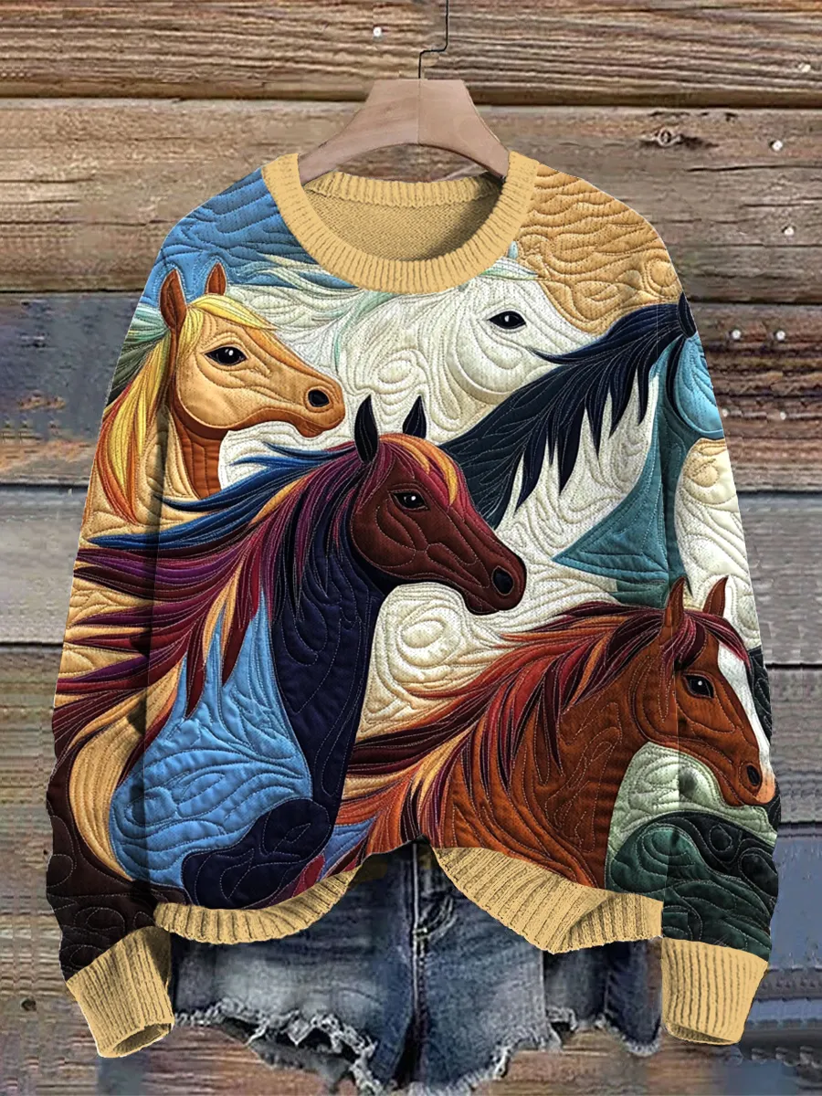 Vitality Running Horse Pattern Knit Sweater