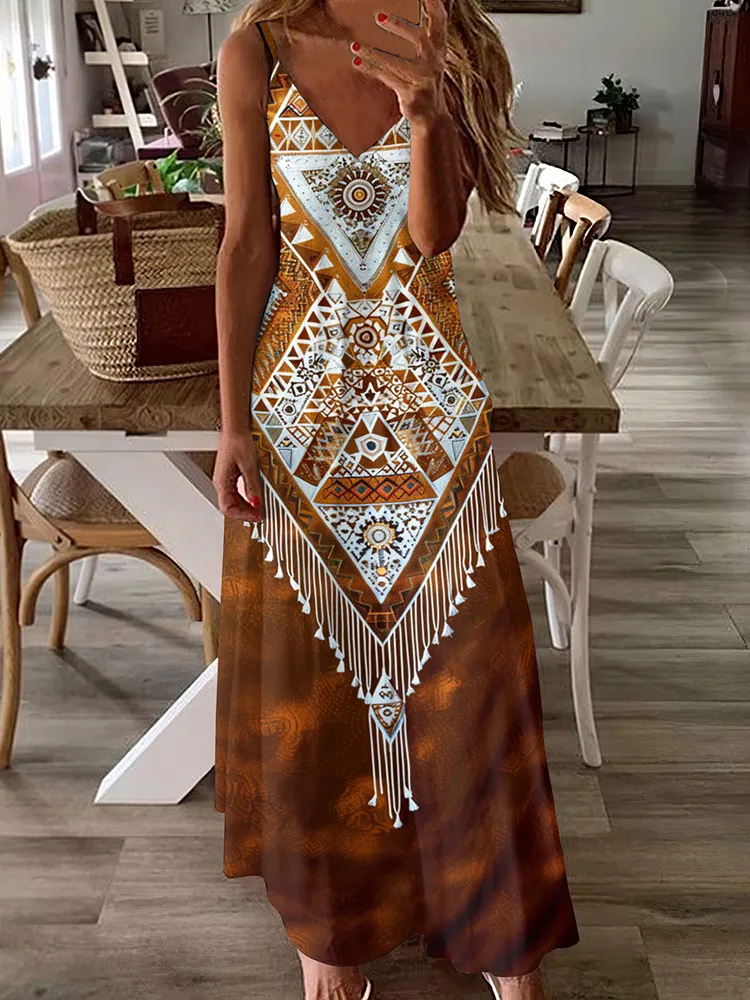 Vintage Western Ethnic Fringed Print V-Neck Maxi Dress