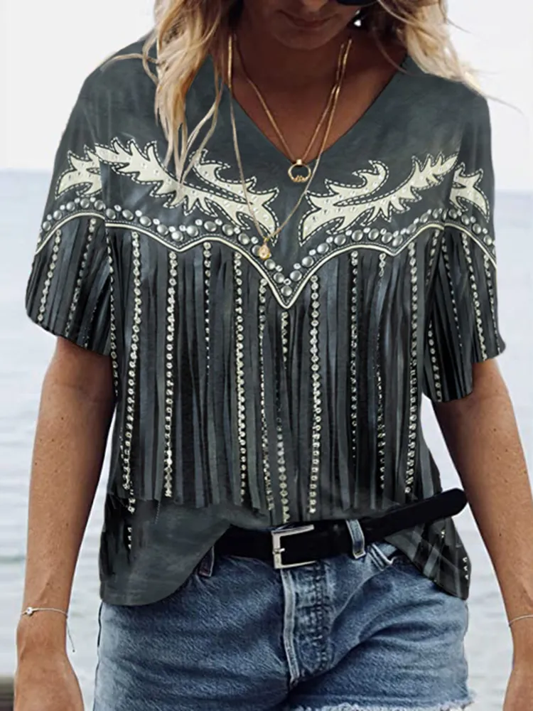 Western Fringe Print V-Neck Short Sleeved T-Shirt