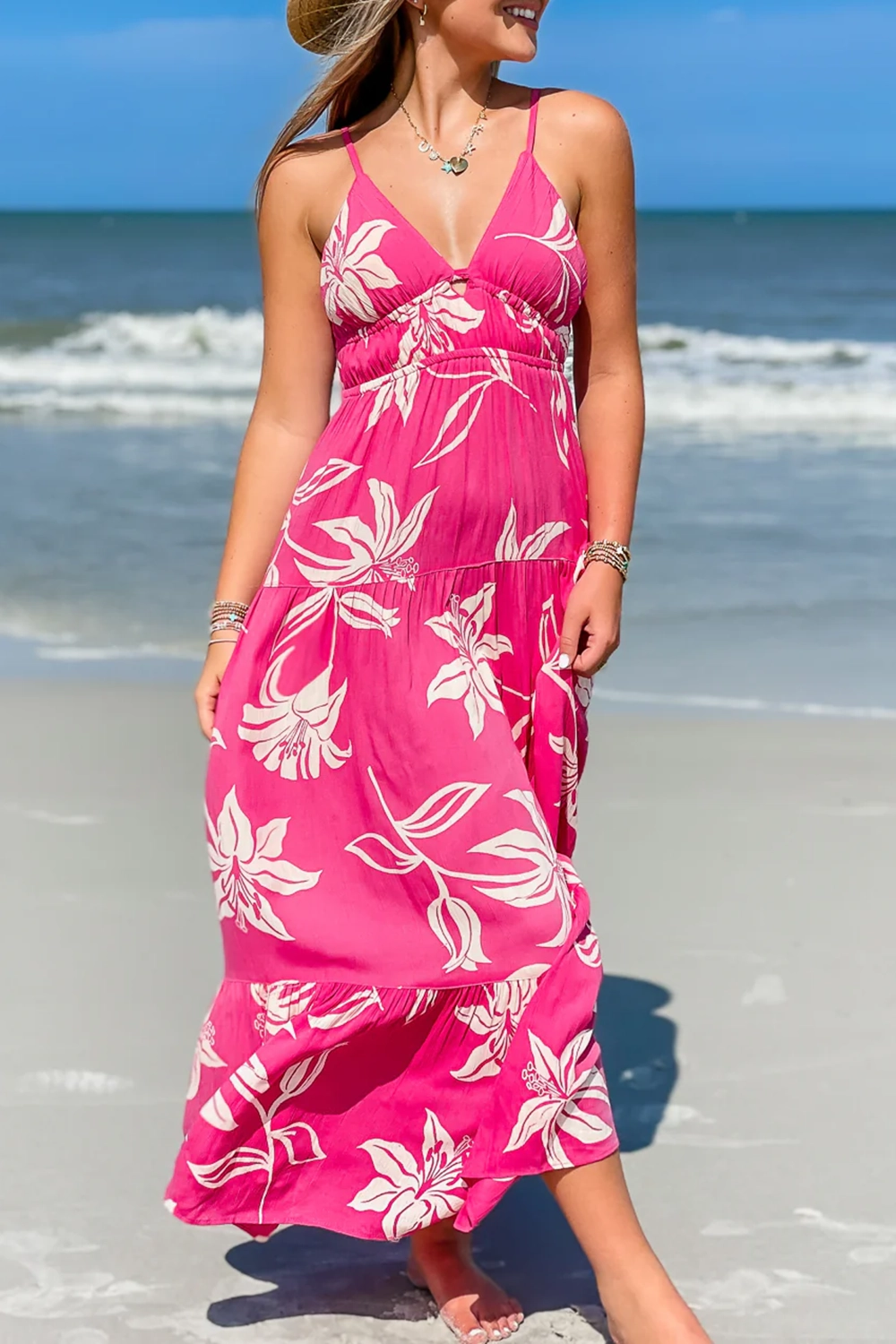 Rose Red Floral V-Neck Long Dress