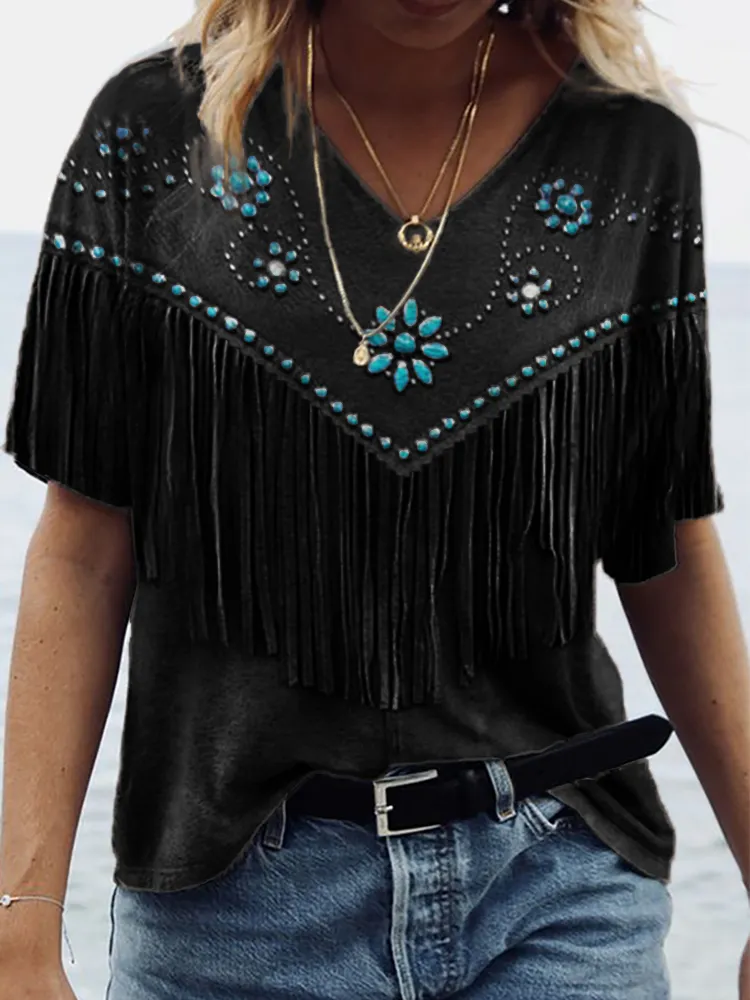 Western Turquoise Flowers Tassels V Neck T Shirt