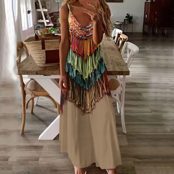 Western Tassel Print Slip Maxi Dress