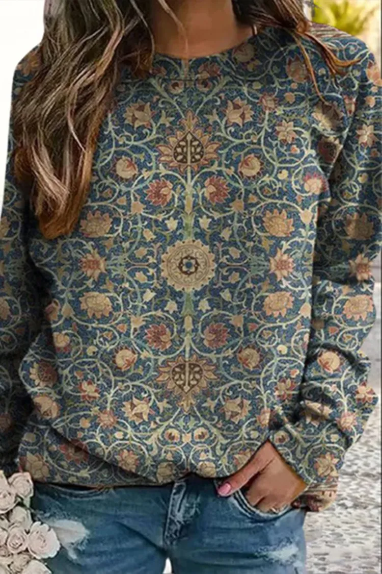 Vintage Long Sleeve Crew Neck Ethnic Print Sweatshirt