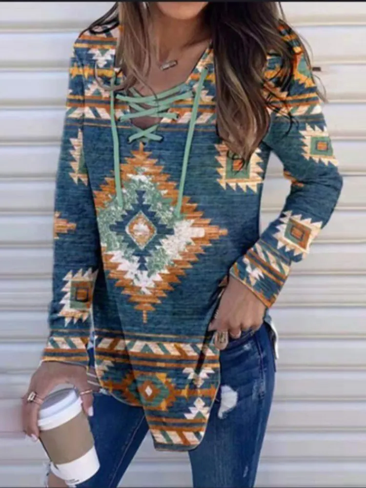 Vintage Western Print Tie Up Long Sleeve Sweatshirt