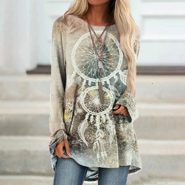 Vintage Western Print Crew Neck Casual Tunic