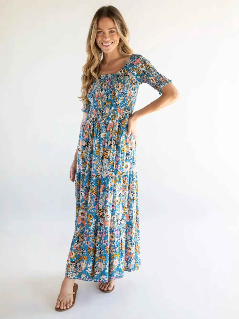 Daisy Tiered Maxi Dress - Blue Tan Floral