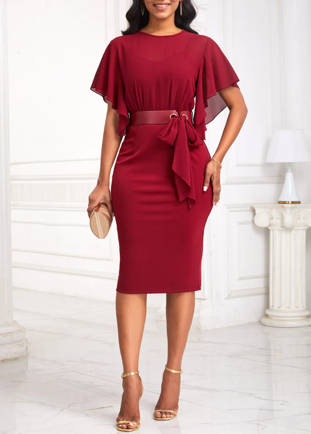 Tie Belted Wine Red Short Sleeve Bodycon Dress