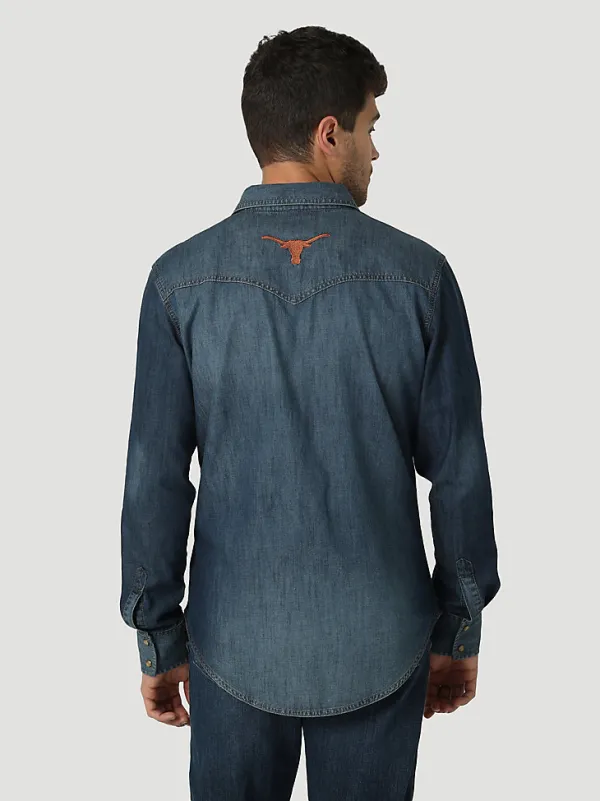 MEN'S WRANGLER COLLEGIATE DENIM WESTERN SNAP SHIRT IN UNIVERSITY OF TEXAS