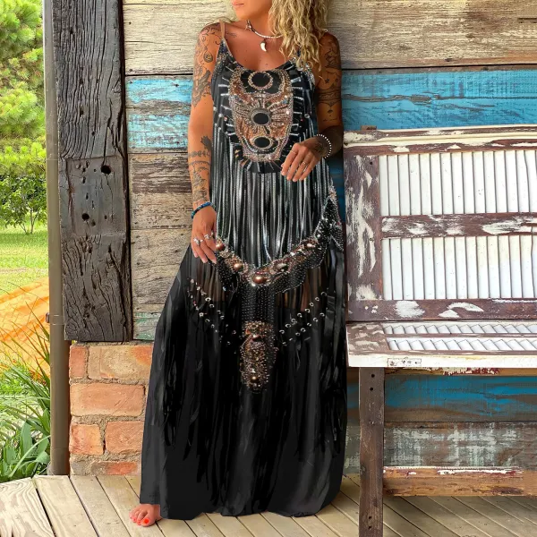 Women's Vintage Western Ethnic Tassel Art Slip Maxi Dress