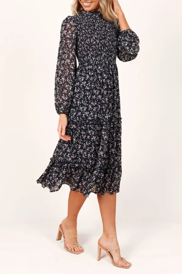 EDWINA SHIRRED FRILL LONG SLEEVE MIDI DRESS - NAVY FLORAL