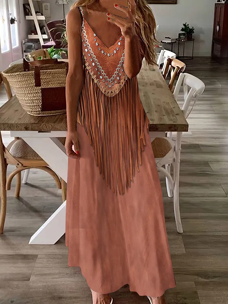 Western Tassel Printing Sleeveless V Neck Maxi Dress