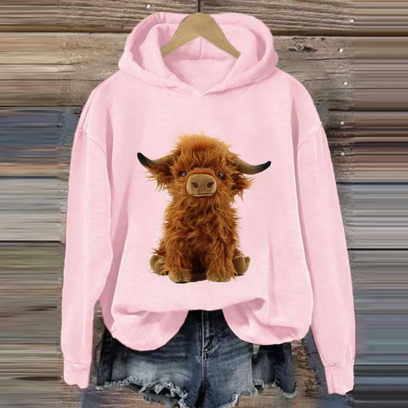 Women's Felt Highland Cow Print Vintage Hoodie