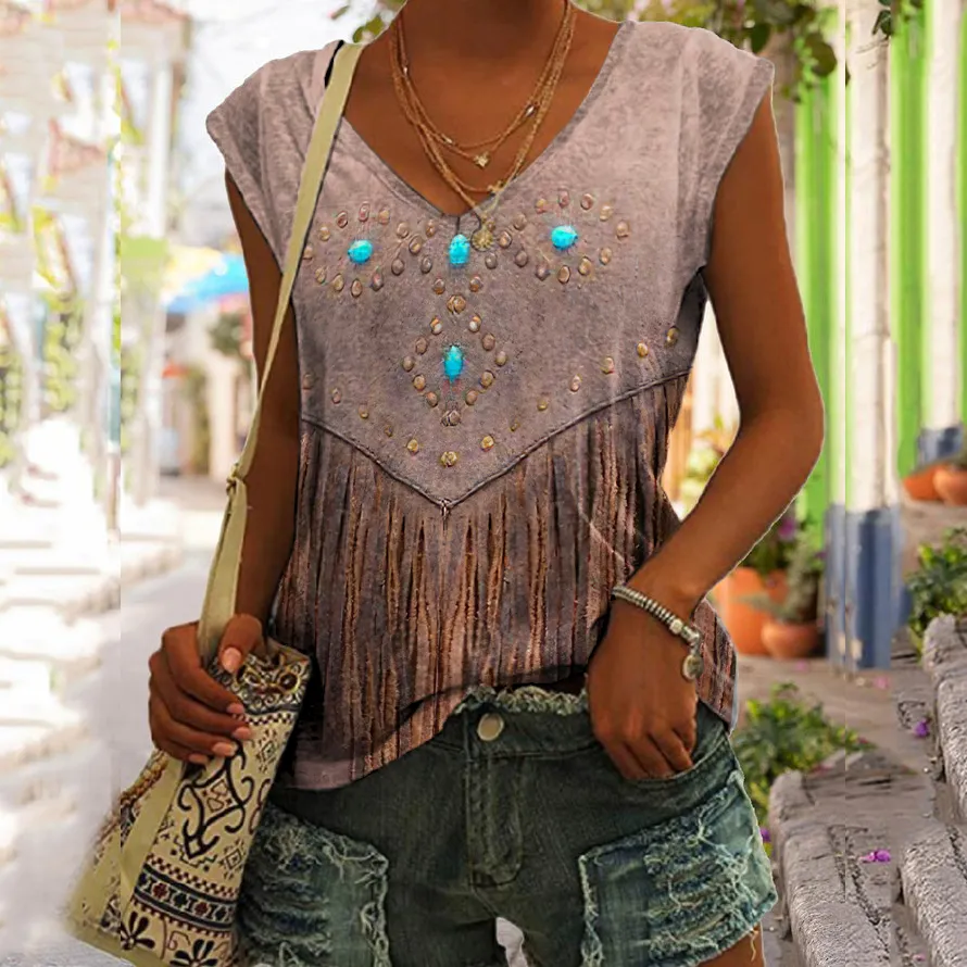 Vintage Western Fringe Print V-Neck Sleeveless Tank Top