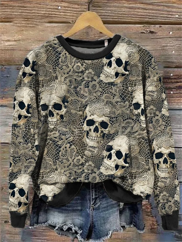 Skull Lace Pattern Long Sleeve Sweatshirt