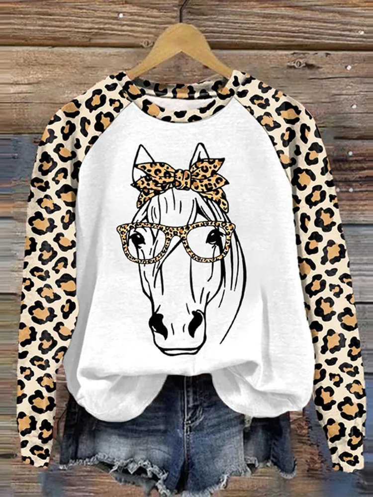 Leopard Print Horse Print Crew Neck Sweatshirt