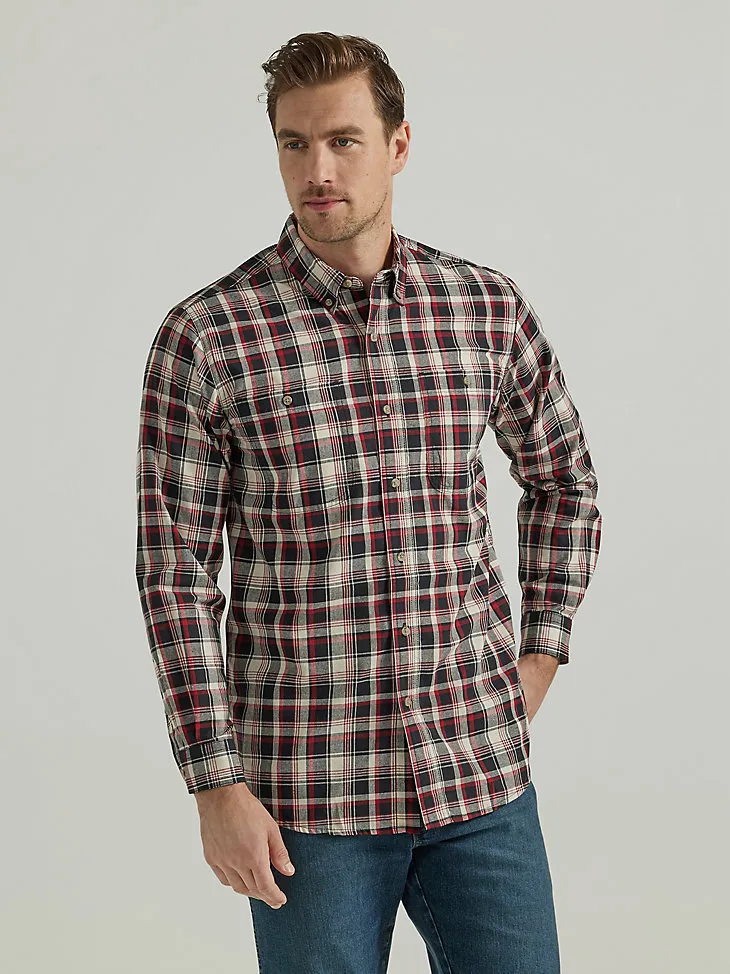 WRANGLER RUGGED WEAR® LONG SLEEVE EASY CARE PLAID BUTTON-DOWN SHIRT IN GREEN NAVY