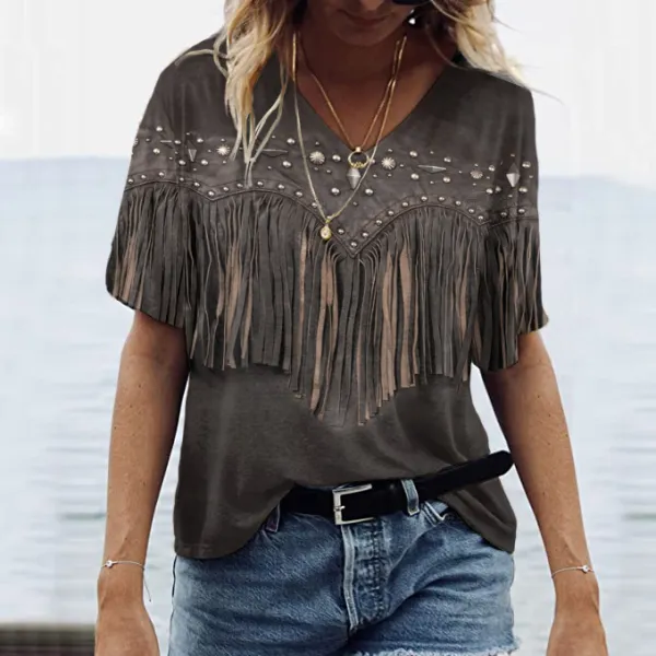 Western Fringe Print V-Neck Short Sleeved T-Shirt