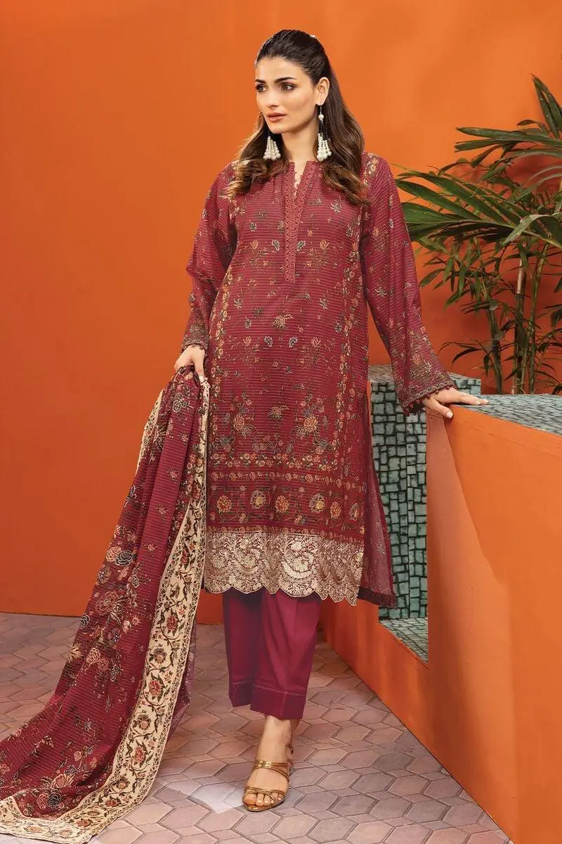 3 Piece Kurta Embroidered | Dupatta& Bottom & Tops | Color Claret