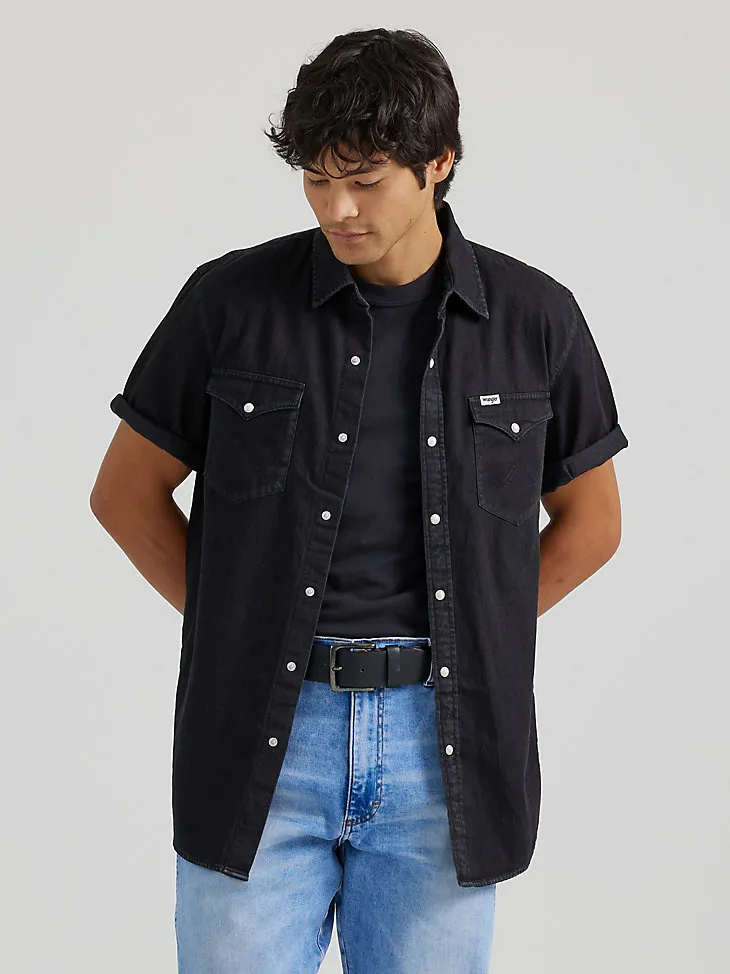 MEN'S SHORT SLEEVE WESTERN DENIM SHIRT IN MEDIUM WASH