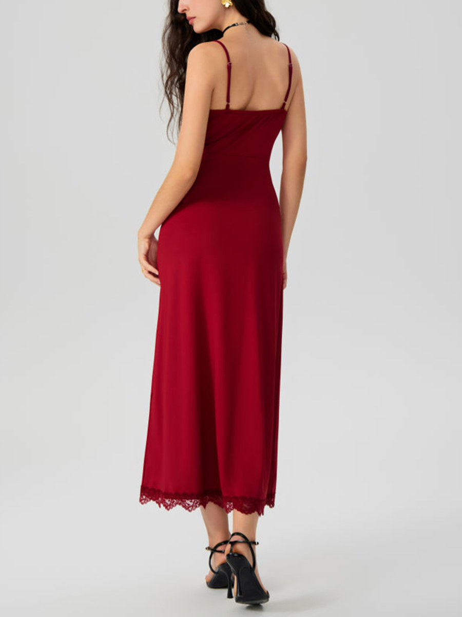 LACE HEM SATIN V-NECK MIDI DRESS