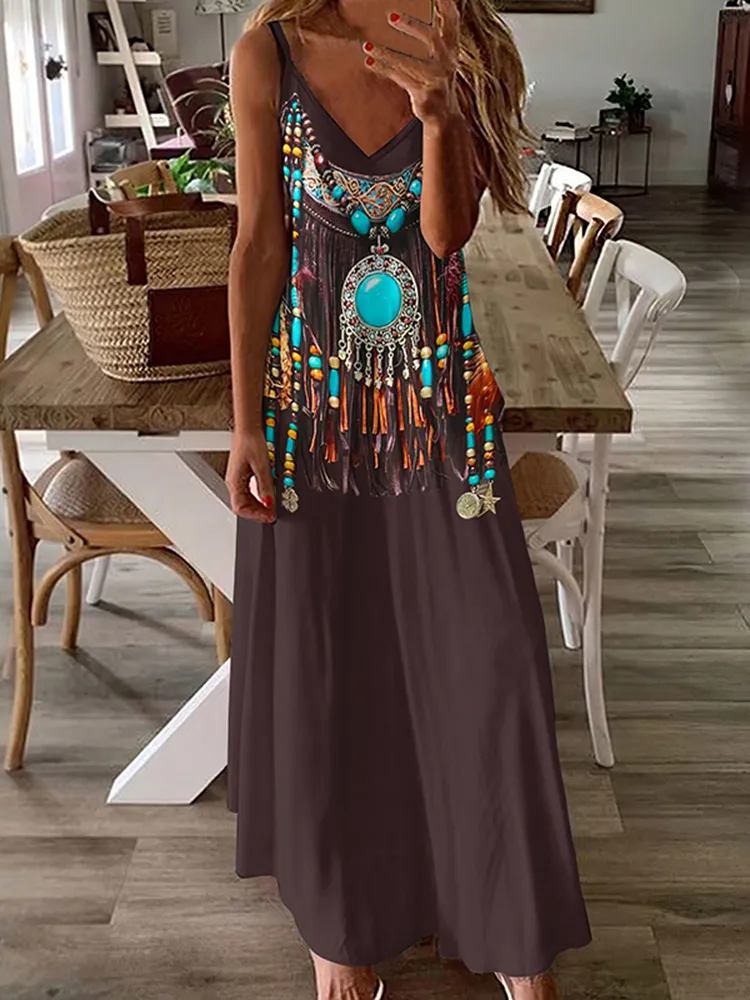 Western Vintage Tribal Tassels Sleeveless Maxi Dress