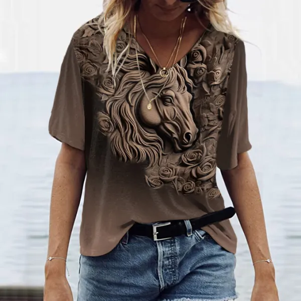 Vintage Western Horse Print V-Neck T-Shirt