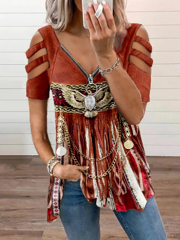 Western Feather Tassel Pattern Hollow Shoulder T Shirt