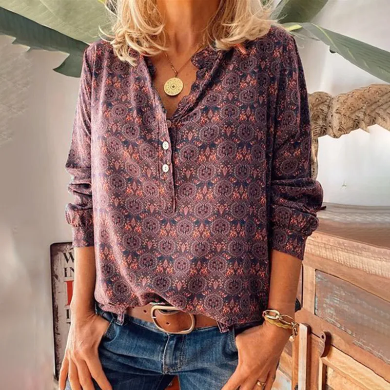 Retro Stand Collar Floral Print Long Sleeve Blouse