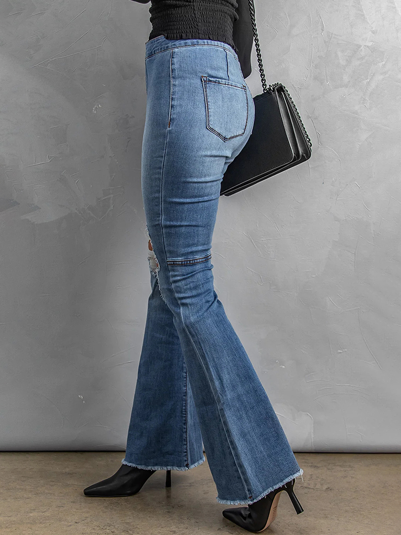 Solid color classic ripped knee jeans