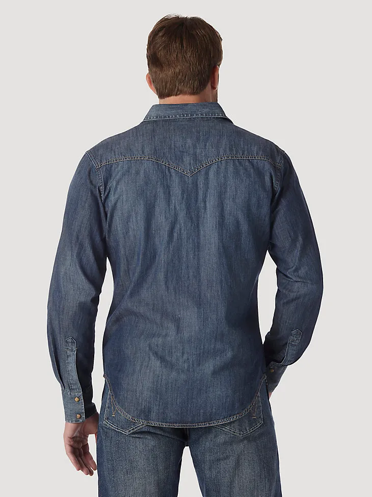 MEN’S WRANGLER RETRO® LONG SLEEVE BLUE DENIM WESTERN SHIRT IN BLUE DENIM