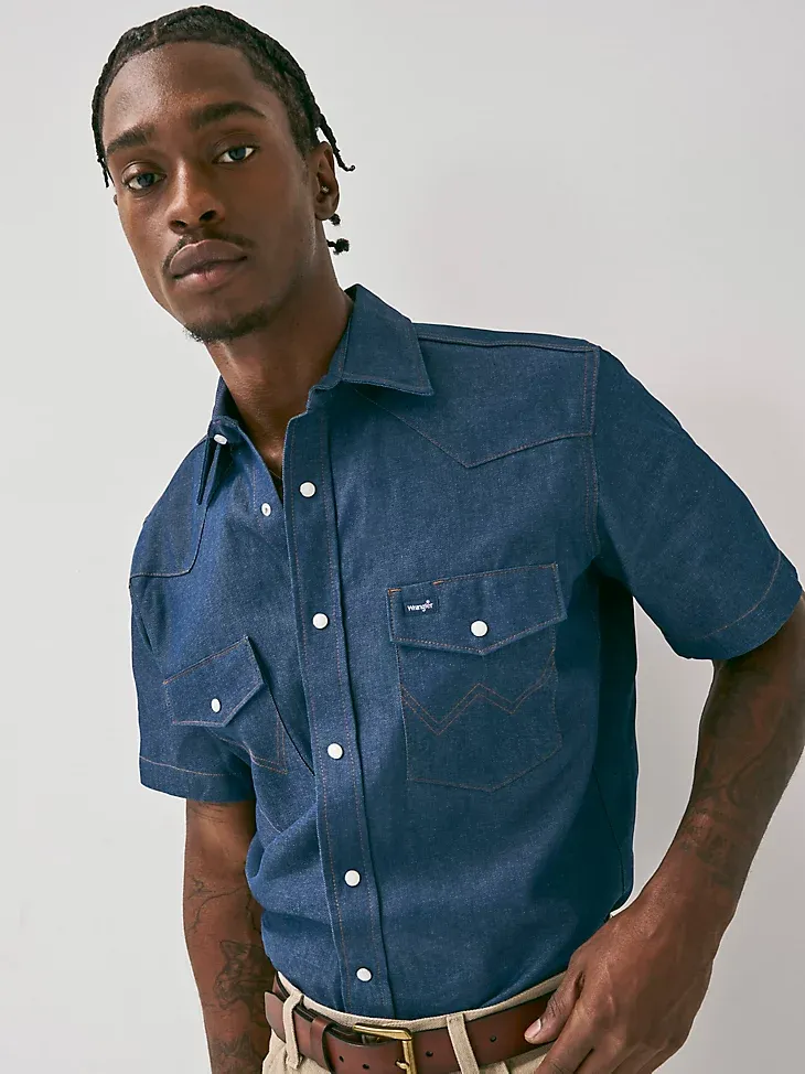 COWBOY CUT® FIRM FINISH DENIM SHORT SLEEVE WORK WESTERN SHIRT IN RIGID INDIGO