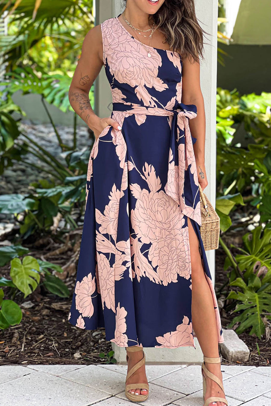 Navy Printed One Shoulder Dress