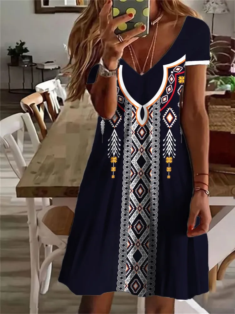 Western Ethnic Geometric Print V-Neck Short Sleeve Midi Dress