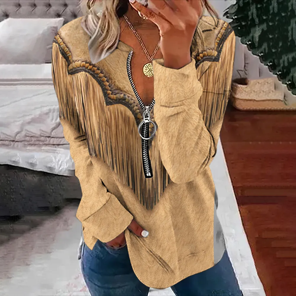 Western Tribal Tassels Printed Zip Up Sweatshirt