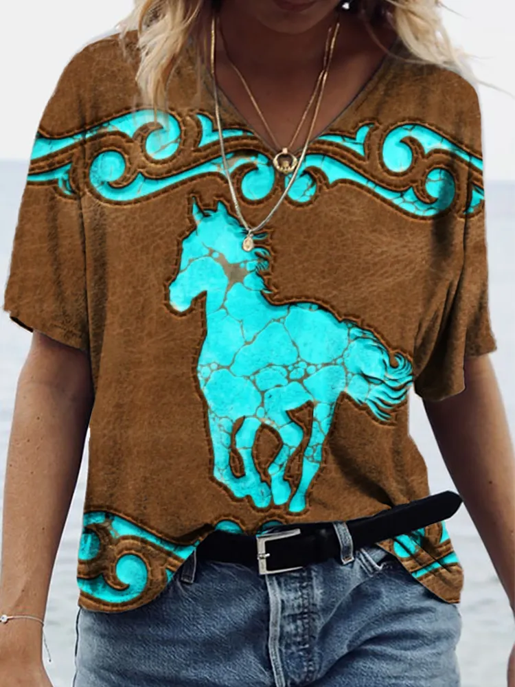 Western Leather Appearance Horse Graphic V Neck T Shirt