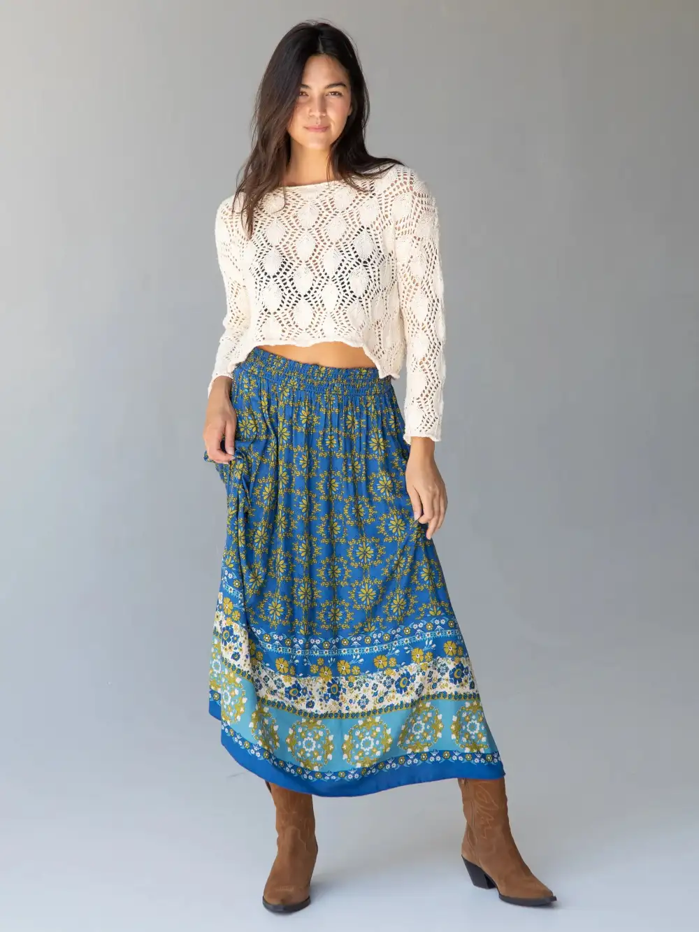 Maylin Midi Skirt - Blue Border Print