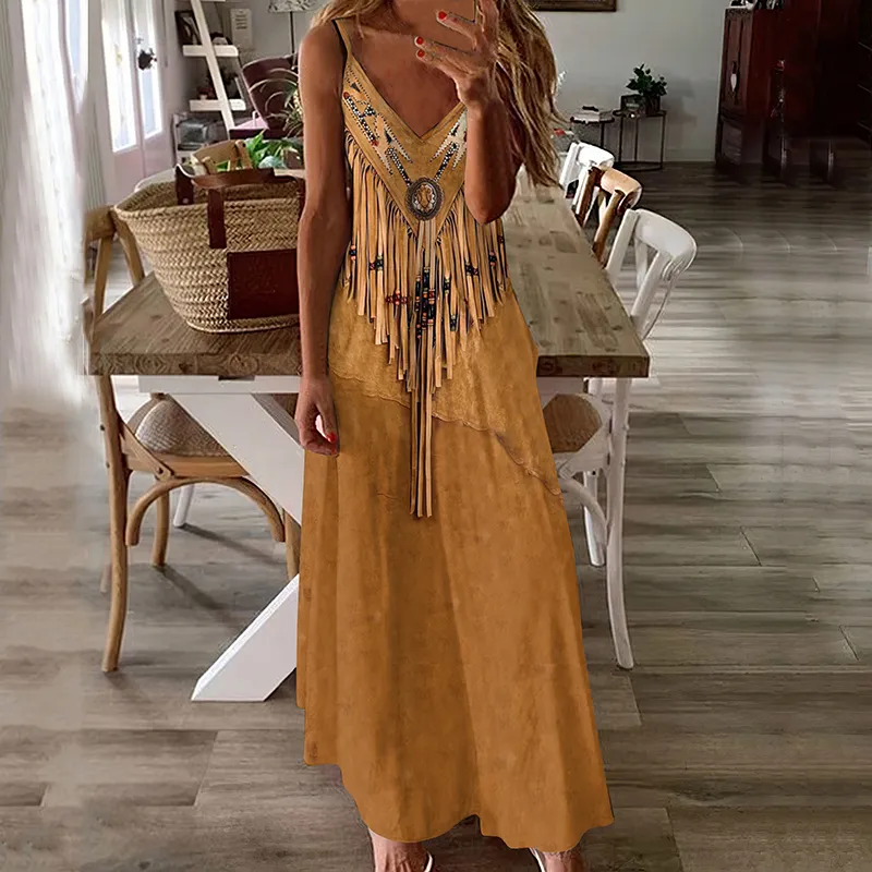 Western Vintage Tribal Tassels Cami Maxi Dress