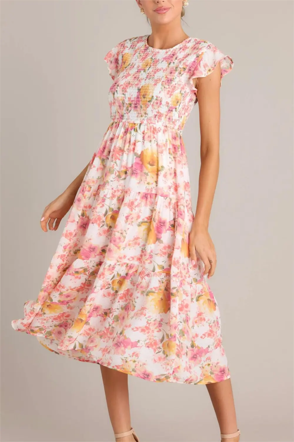 FLORAL SMOCKED MIDI DRESS