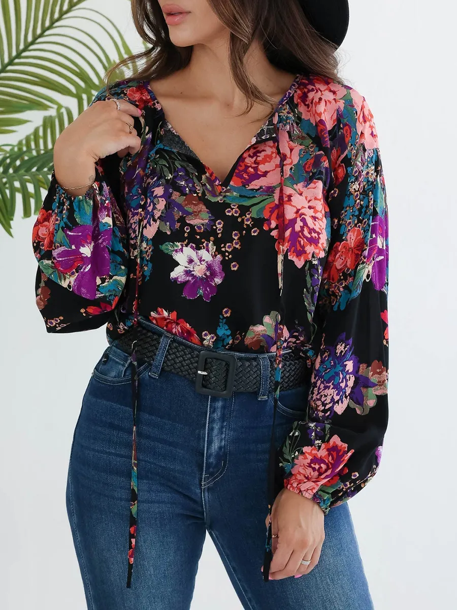 Black floral pattern bubble sleeve tie up top