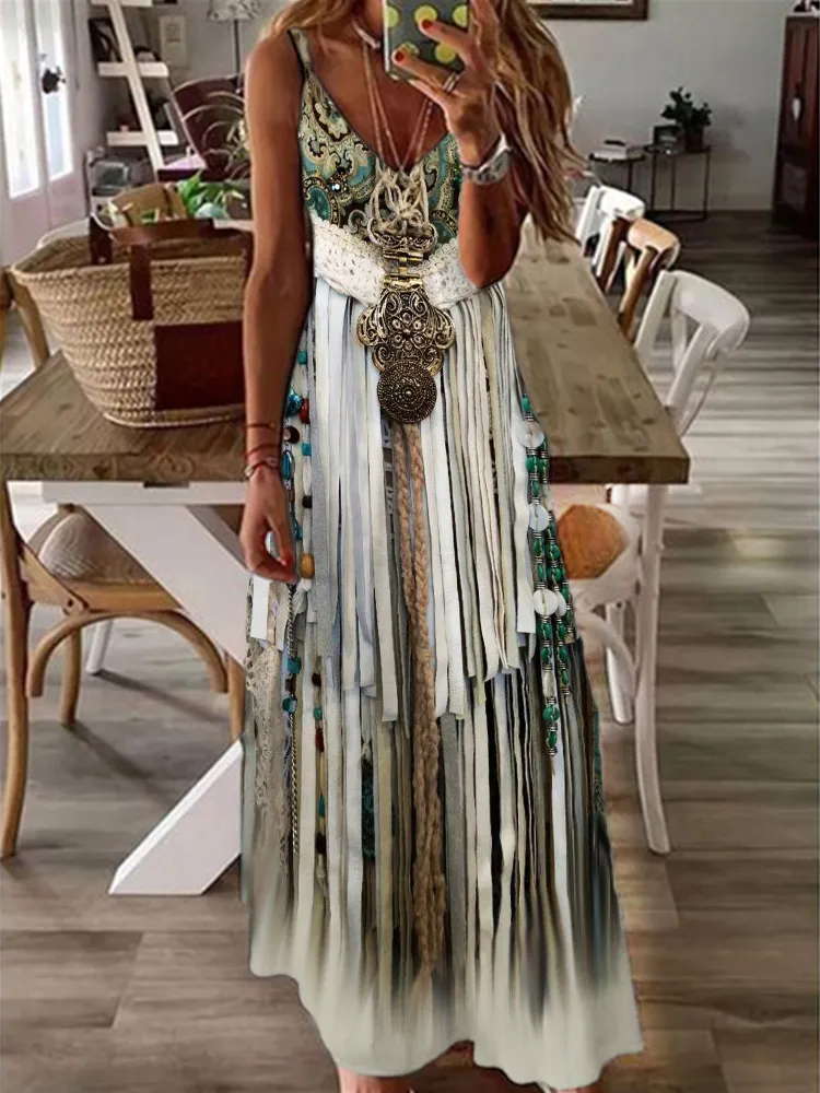 Vintage Boho Paisley Fringe Cami Maxi Dress