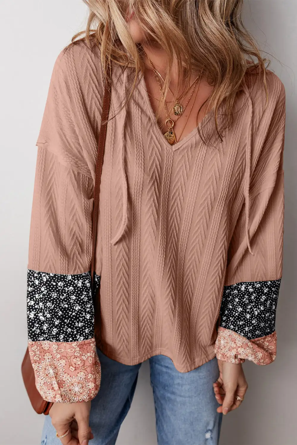 Beige Floral Patchwork Textured Drawstring V Neck Top