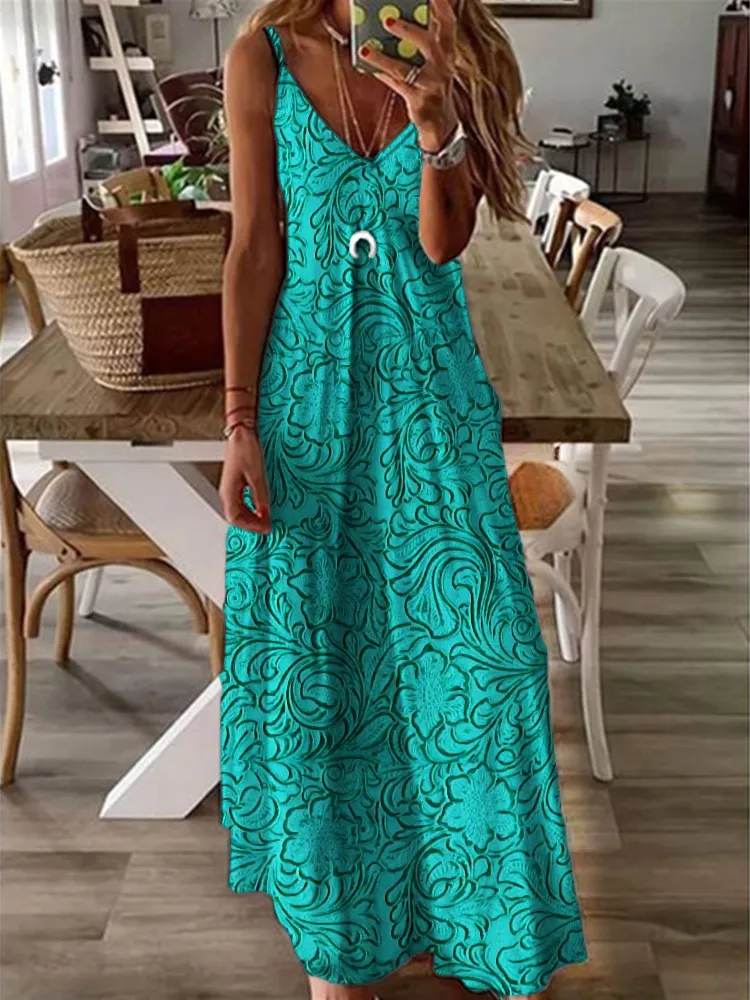 Western Turquoise Floral Leather Art Maxi Dress