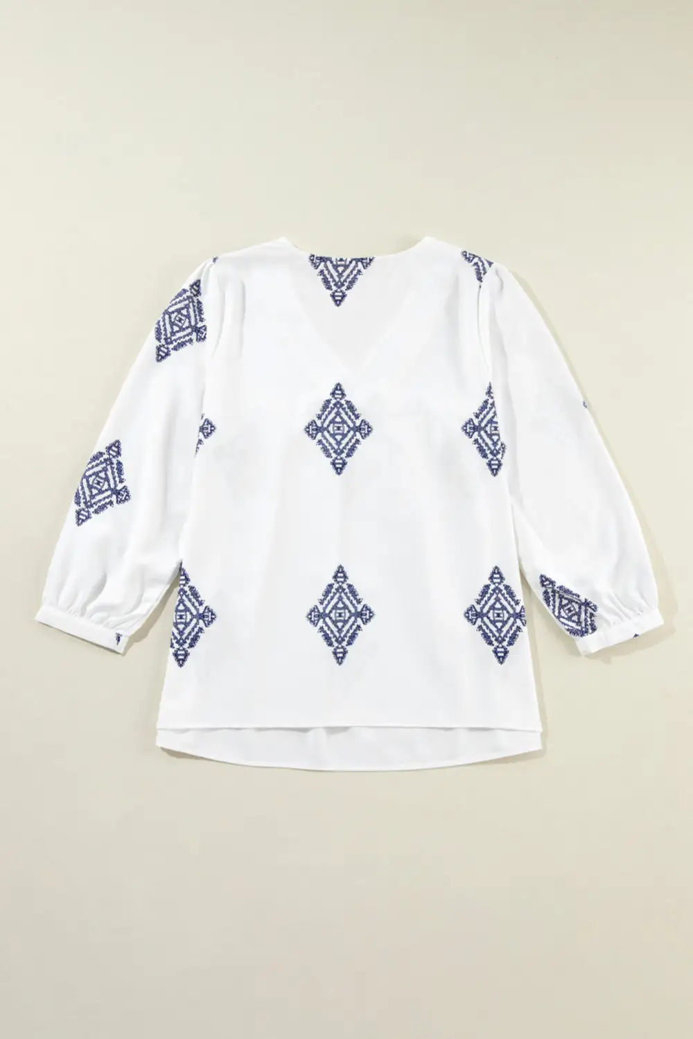 White Boho Geometric Print Bracelet Sleeve V Neck Blouse