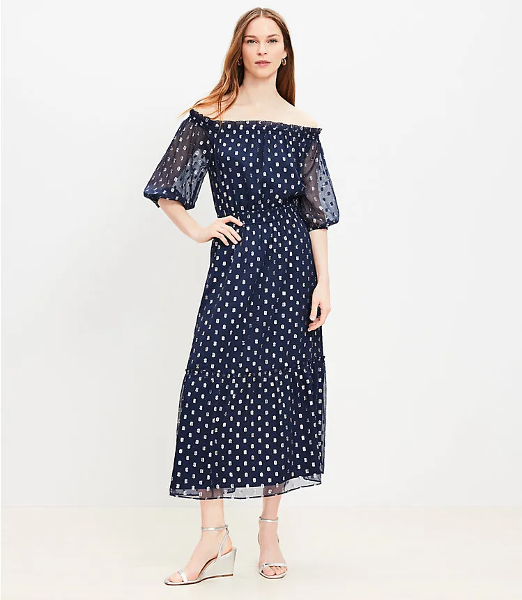 Clip Balloon Sleeve Off The Shoulder Midi Dress