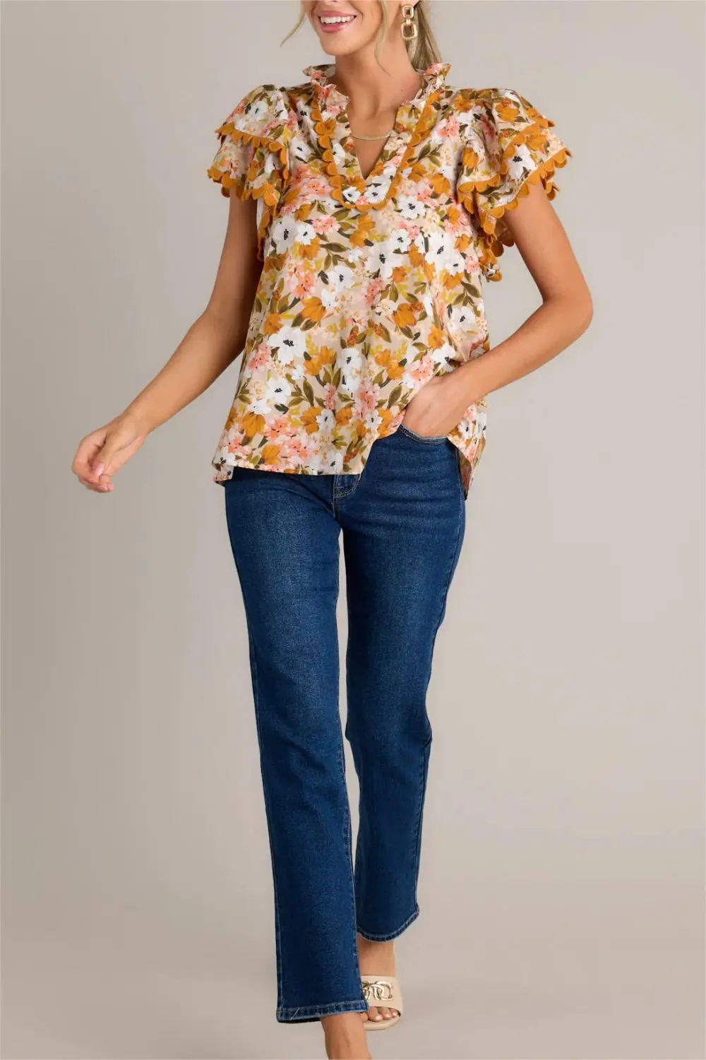 GARDEN SERENITY 100% COTTON HONEY YELLOW FLORAL TOP